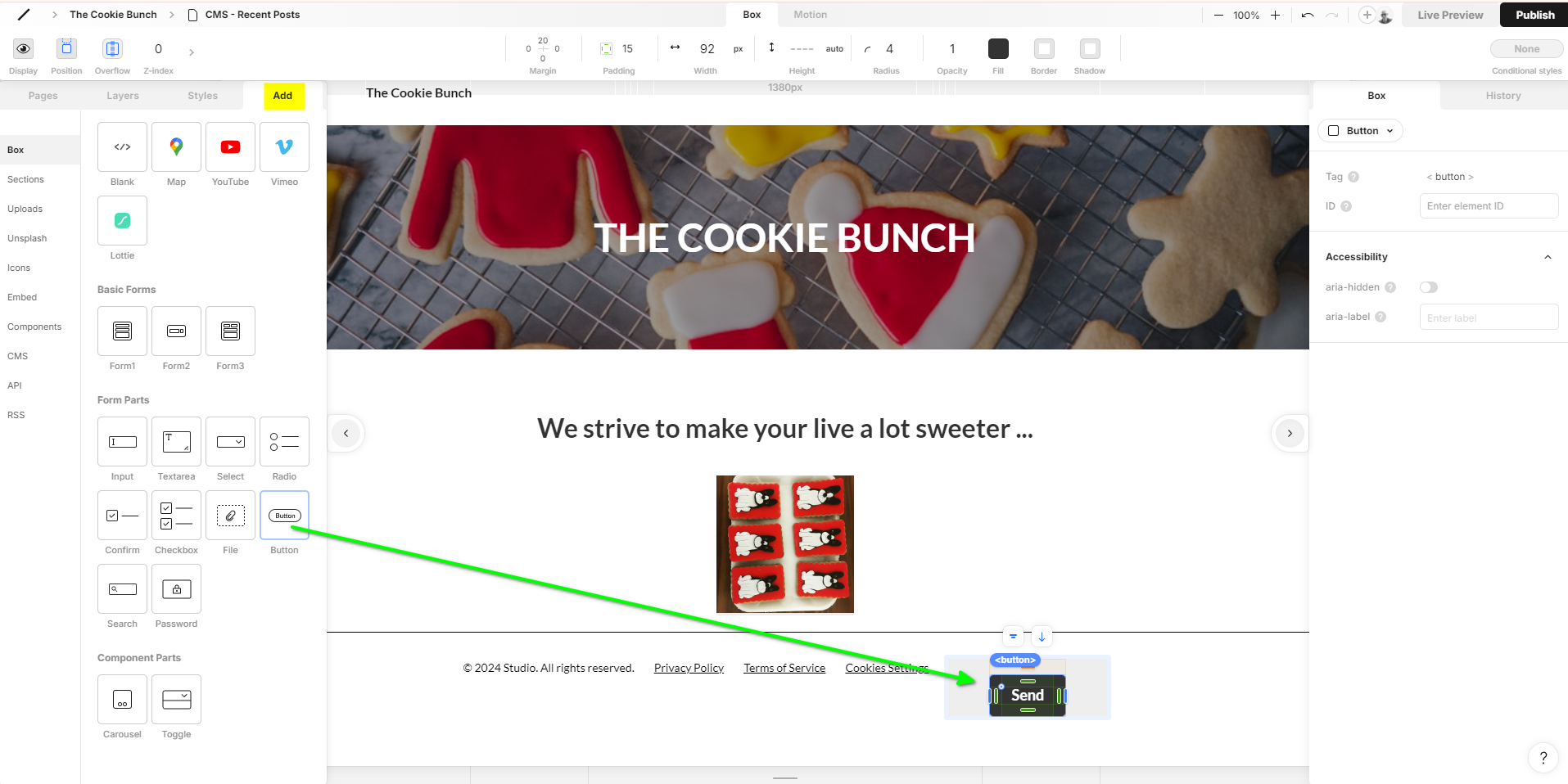 13 - Studio - drag a Button into the Box on your page footer.png