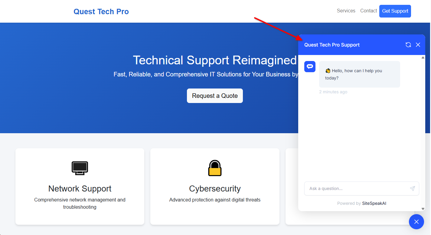 7 - Github Pages - Chatbot dialogue on page.png