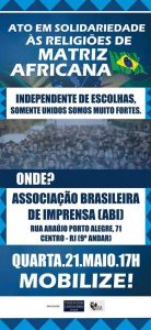 "Ato de solidariedade às religiões de matriz africanas" será na ABI
