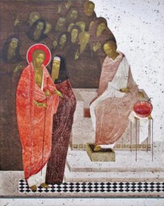 Pilate condems Jesus original print on natural canvas and stretcher of modern icon made by Ivanka Demchuk