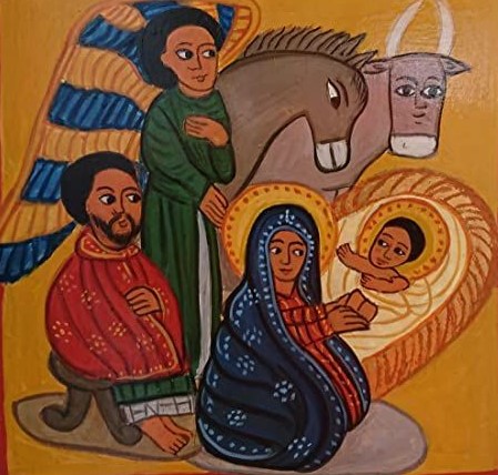 Coptic African Nativity of Christ inspored by sacred art iconography Paintings of Ethiopia