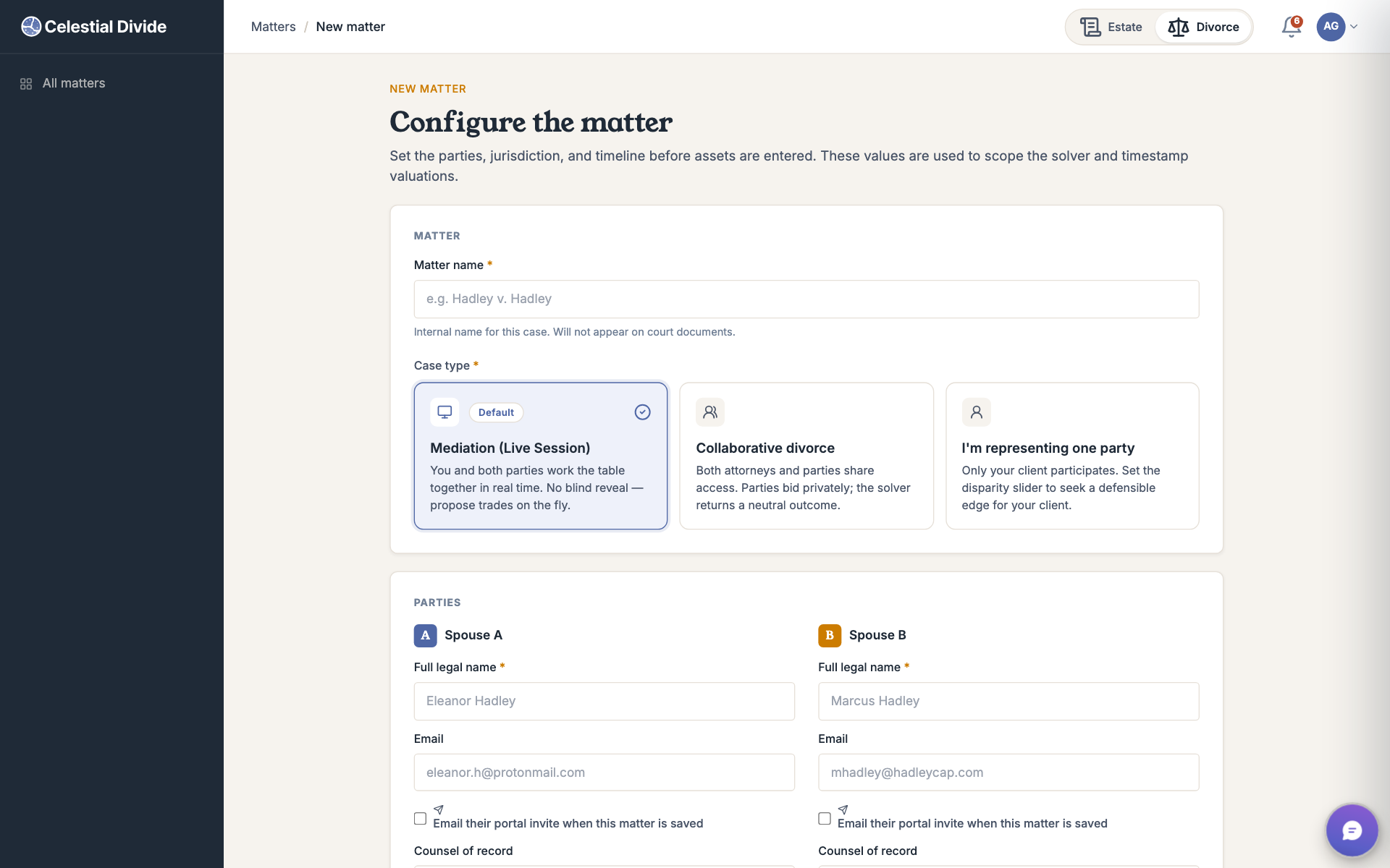 New divorce matter screen with fields for the matter, parties, counsel, and workflow