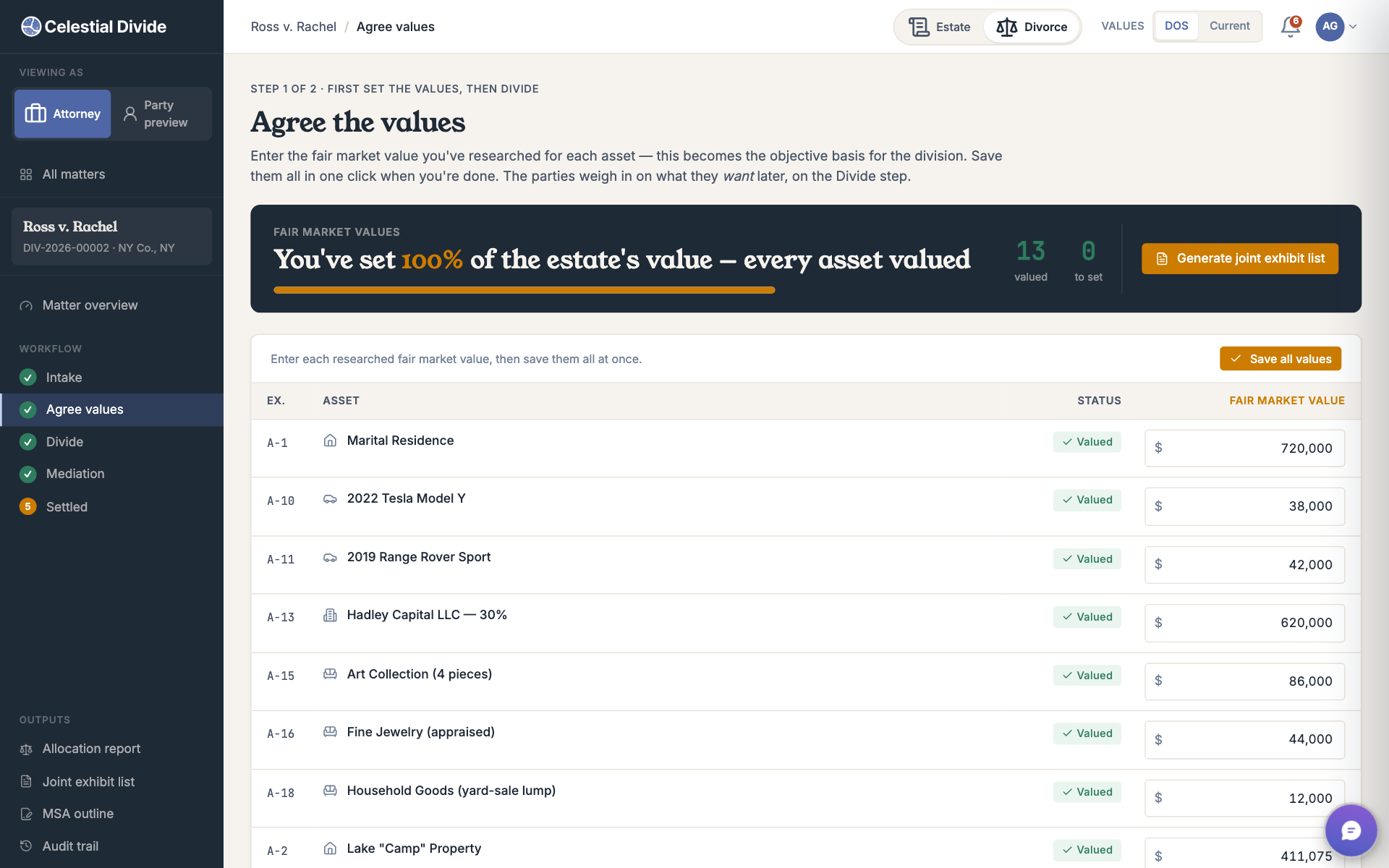 Agree values screen comparing both parties' submitted asset values