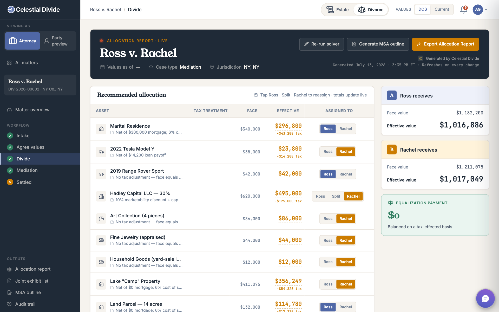 Recommended asset division screen with allocations and an equalization payment