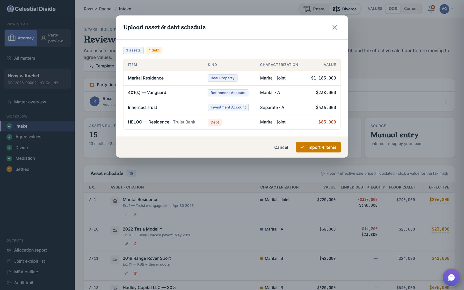 Upload dialog previewing imported asset and debt schedule line items