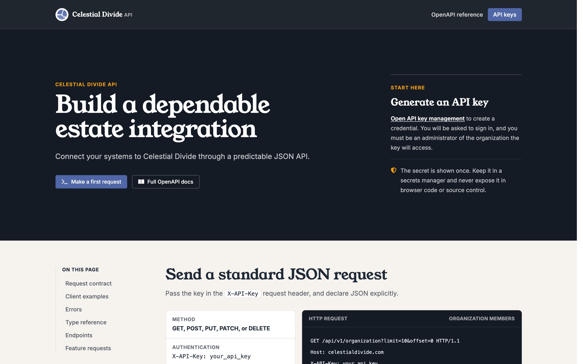 The Celestial Divide API integration guide with a Generate an API key panel and a standard JSON request example