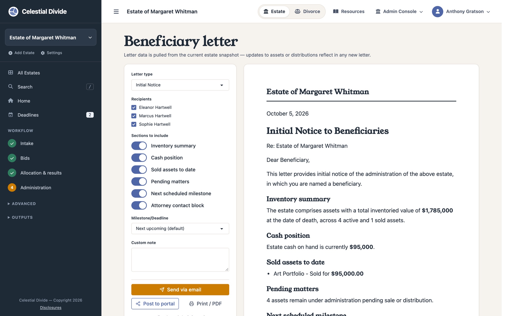 The beneficiary letter composer with letter type, recipients, and section toggles on the left and a live preview of an Initial Notice on the right