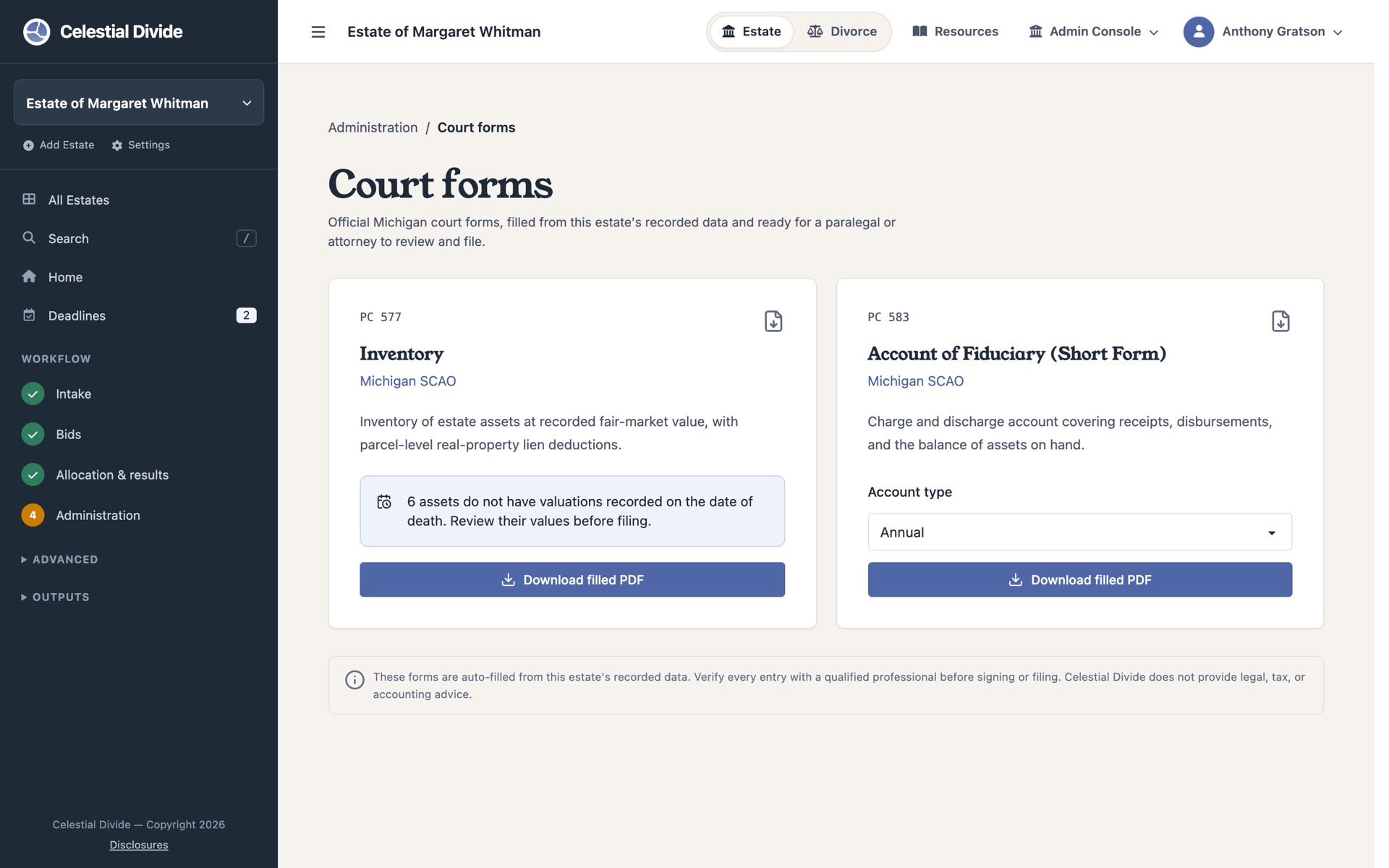 The Court forms page with cards for the Michigan PC 577 Inventory and PC 583 Account of Fiduciary, each with a Download filled PDF button