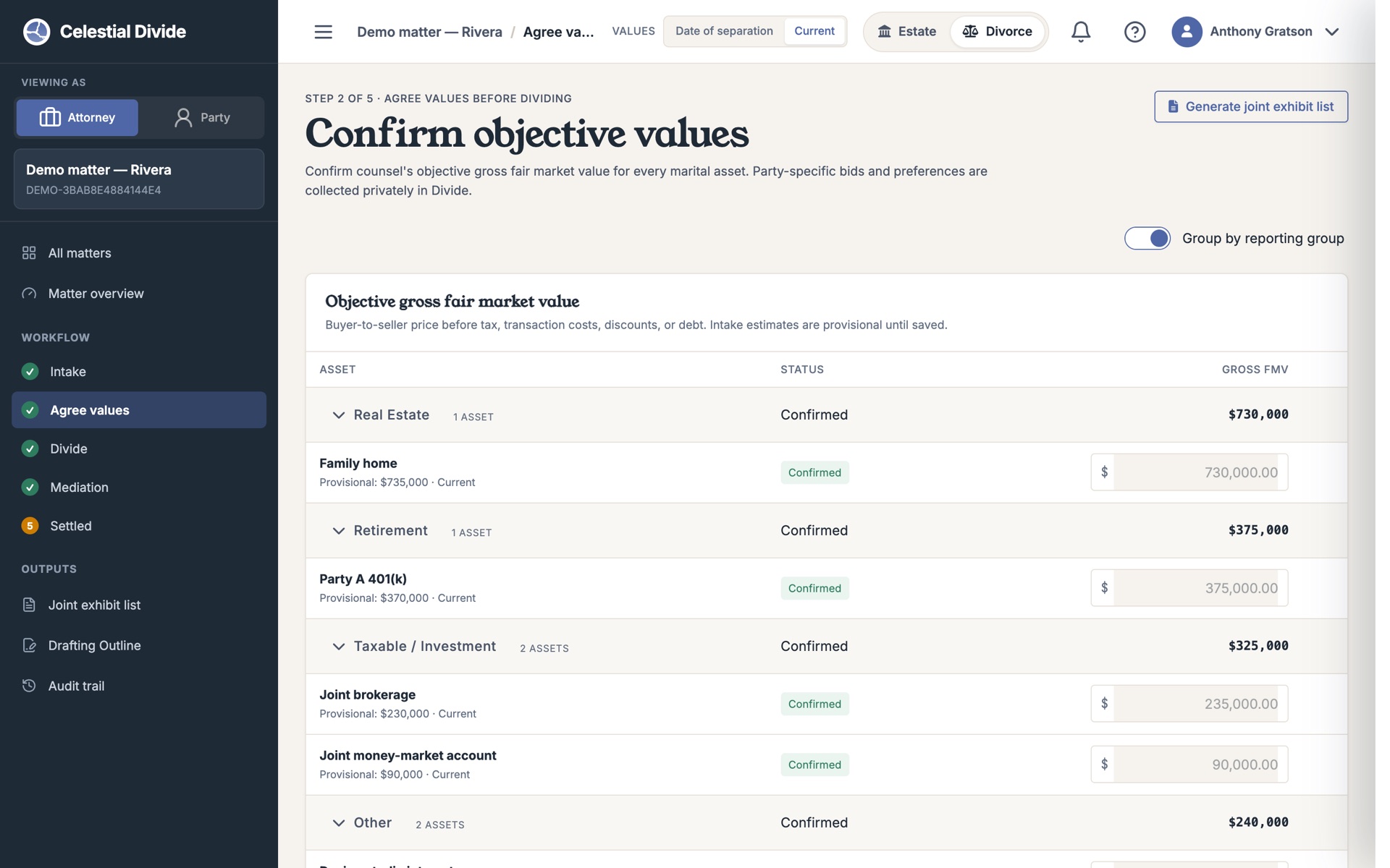 The divorce Agree Values step showing marital assets grouped by class with confirmed gross fair market values