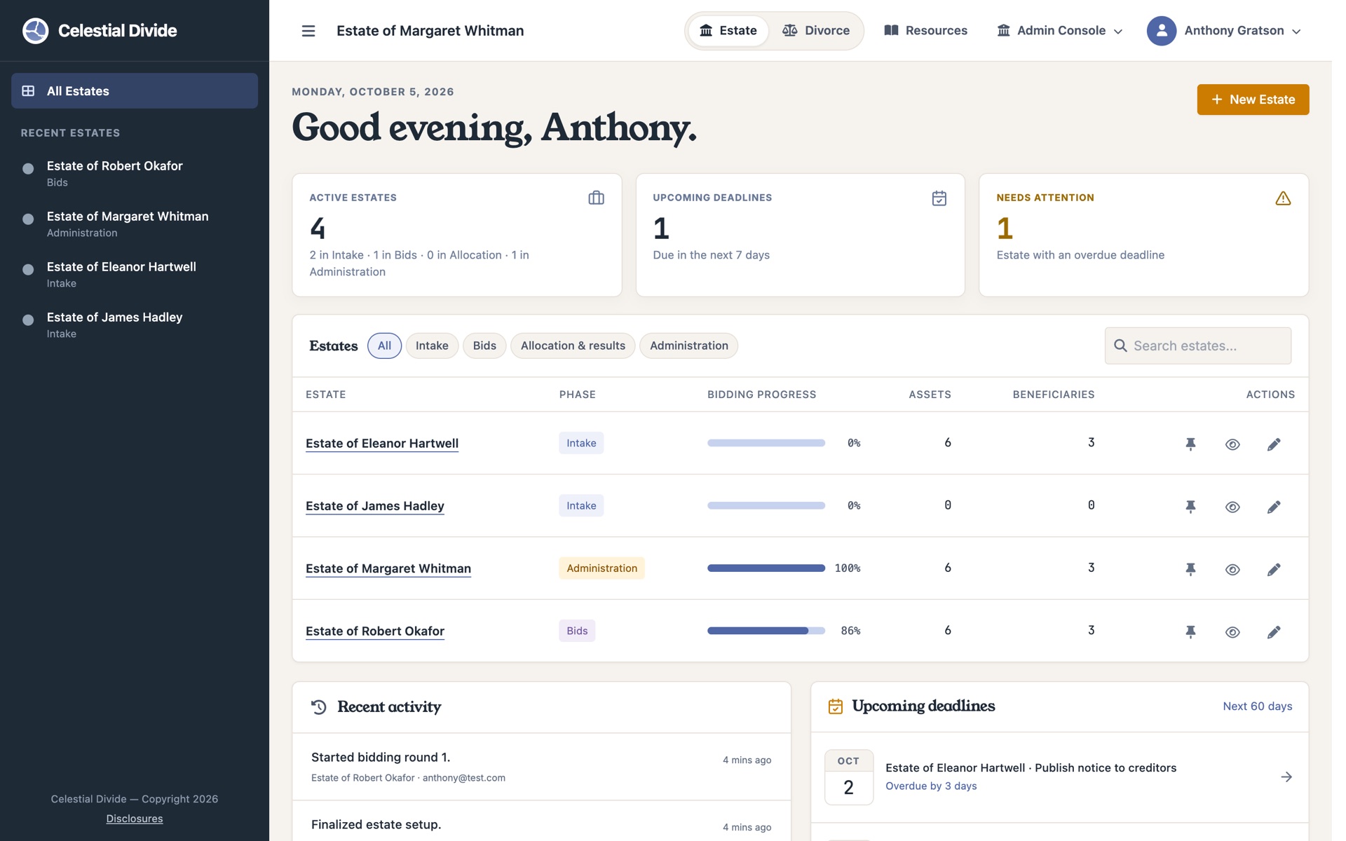 The Estates Dashboard listing four estates by phase with summary cards for active estates, upcoming deadlines, and estates needing attention, plus recent activity and upcoming deadlines