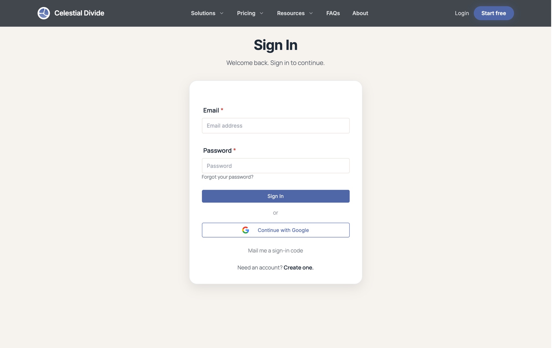 The sign-in page with email and password fields and a Continue with Google button