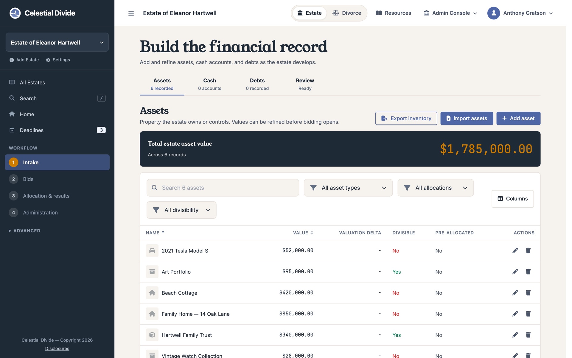 The Intake workspace showing the Assets tab with a searchable, filterable asset table and the total estate asset value