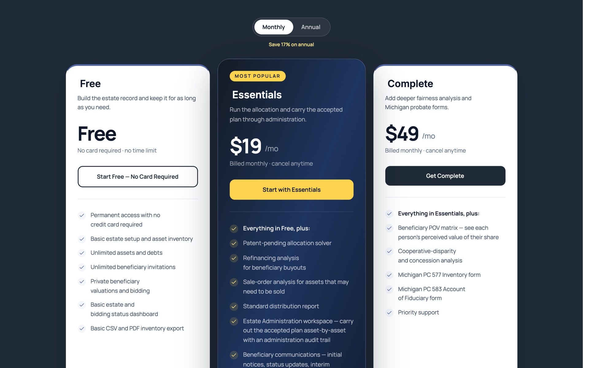 The pricing page showing the Free, Essentials, and Complete plans side by side with their feature lists