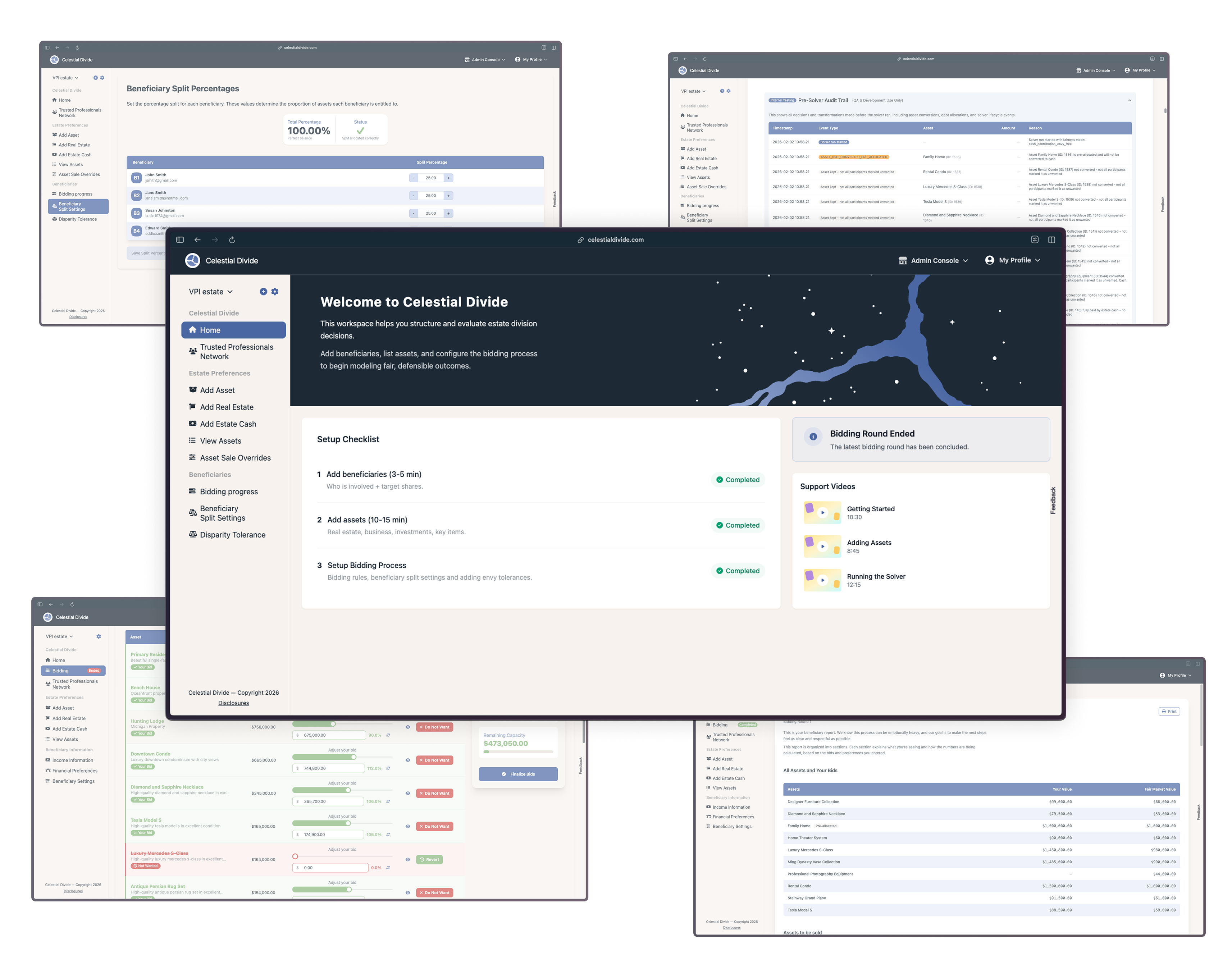 Celestial Divide estate asset division platform showing allocation scenarios for multiple beneficiaries