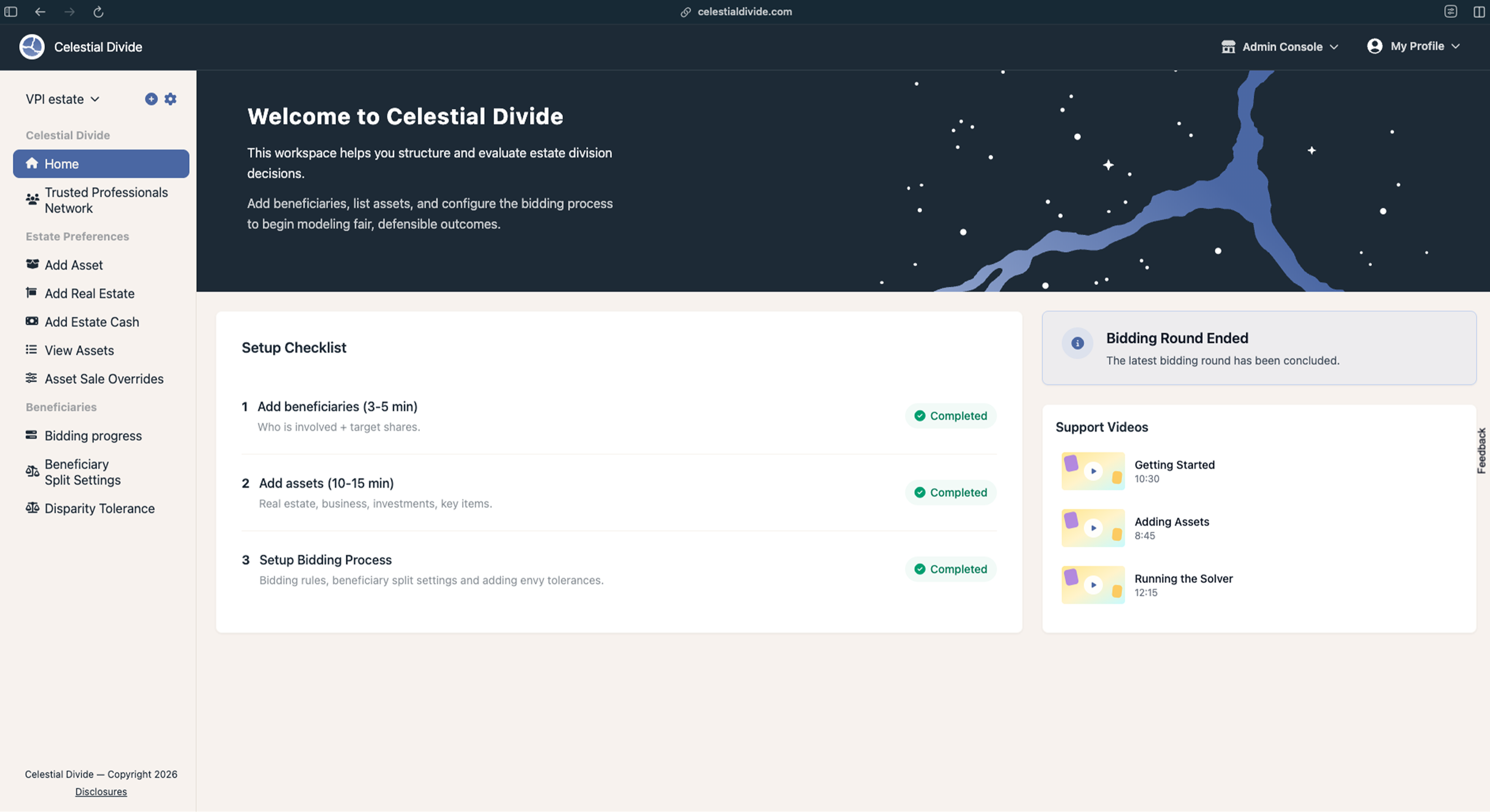 Celestial Divide dashboard for estate executors showing asset tracking and distribution status