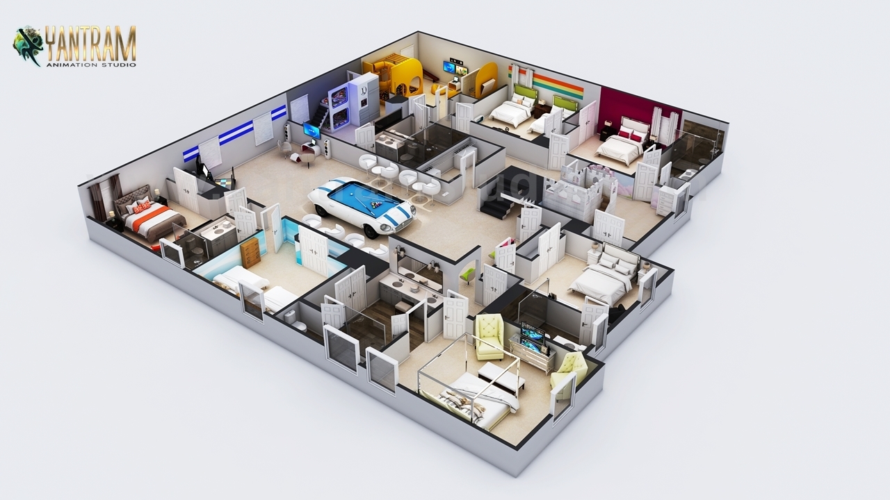 Cgmeetup Modern Style 3d Floor Plan Design With Theater Kids Room