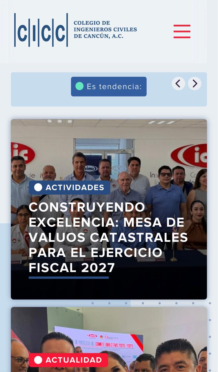 Captura mobile del home page de ingenierosciviles.org con navegación y noticias