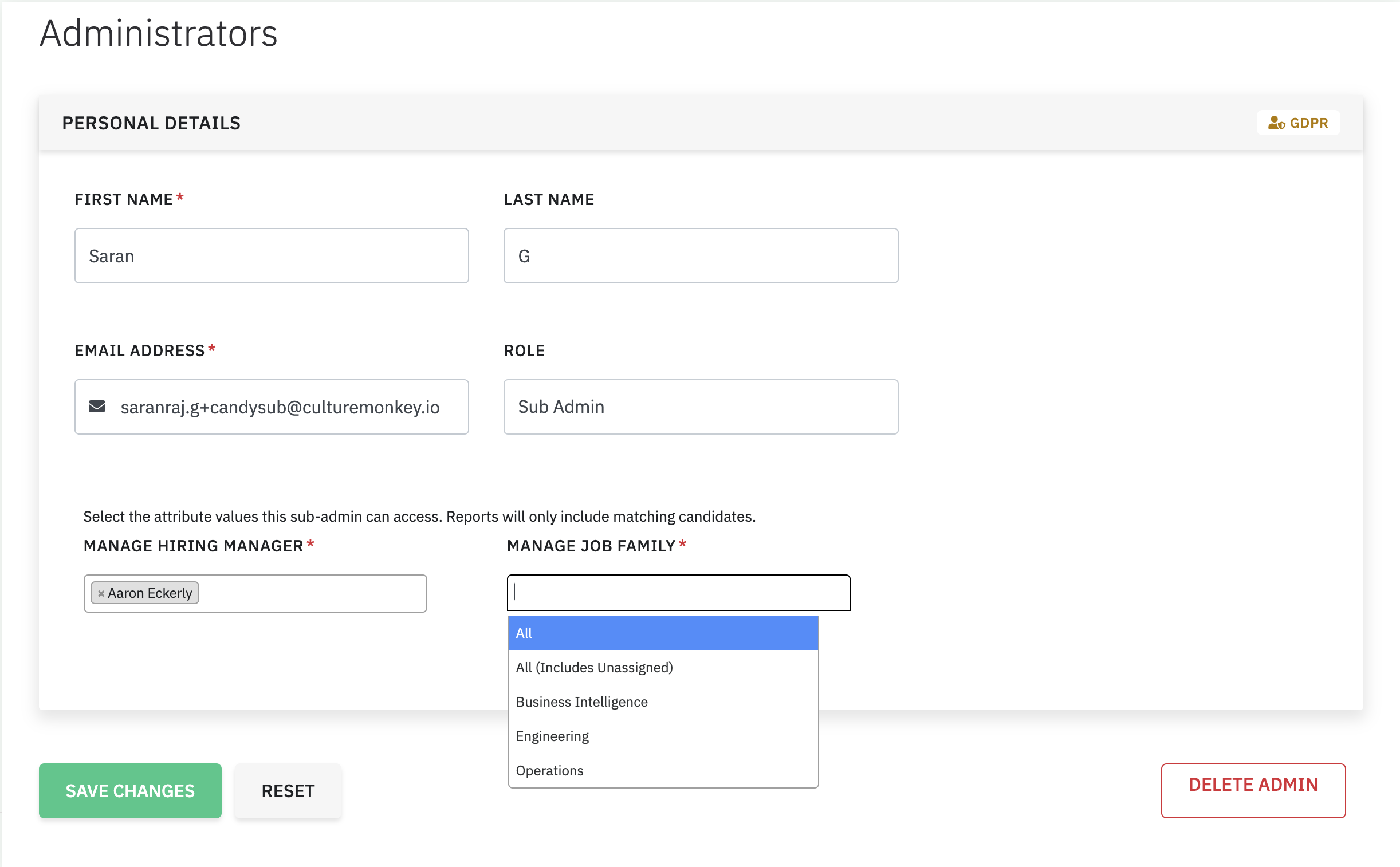 An admin's profile in Candidate Admins, with Role set to Sub Admin and Manage Hiring Manager and Manage Job Family attribute fields