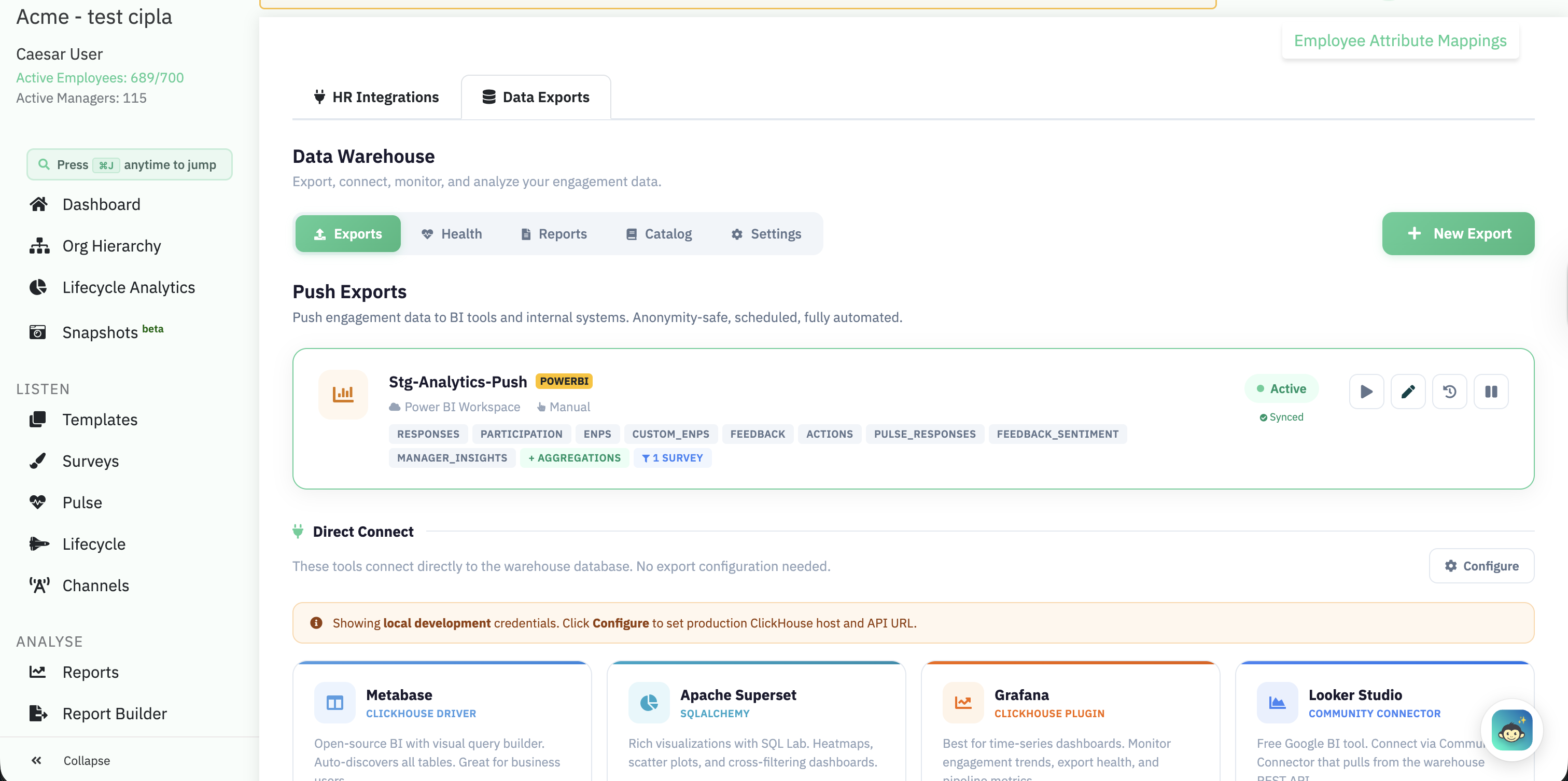 The Data Warehouse tab under Integrations, showing a Power BI push export and a Direct Connect section listing Metabase, Apache Superset, Grafana and Looker Studio