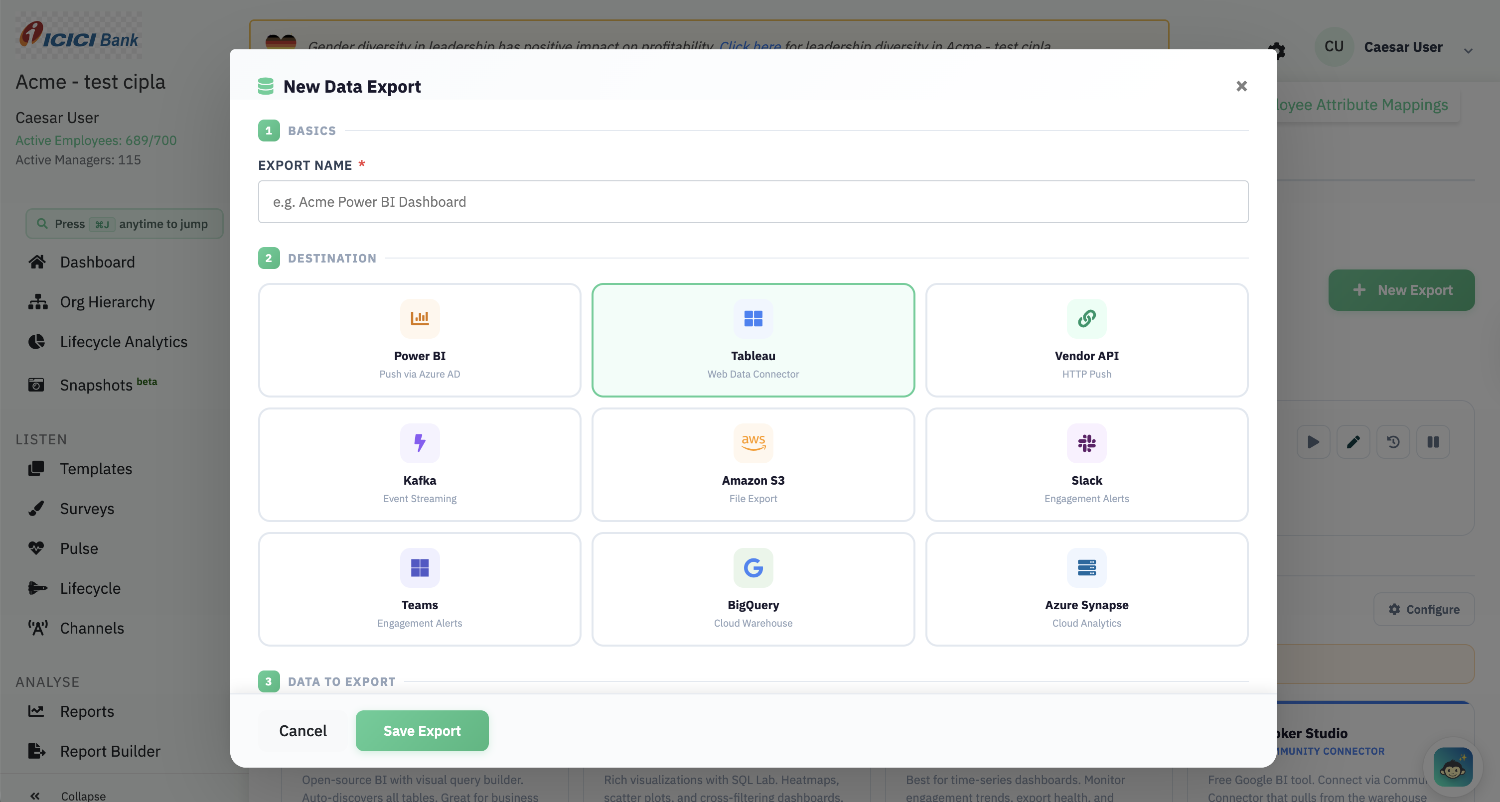 The New Data Export modal, with destination options including Power BI, Tableau, Kafka, Amazon S3, Slack, Teams, BigQuery and Azure Synapse