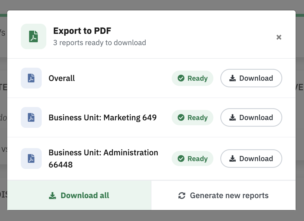 The Export to PDF modal showing three reports ready to download, with a Download all option