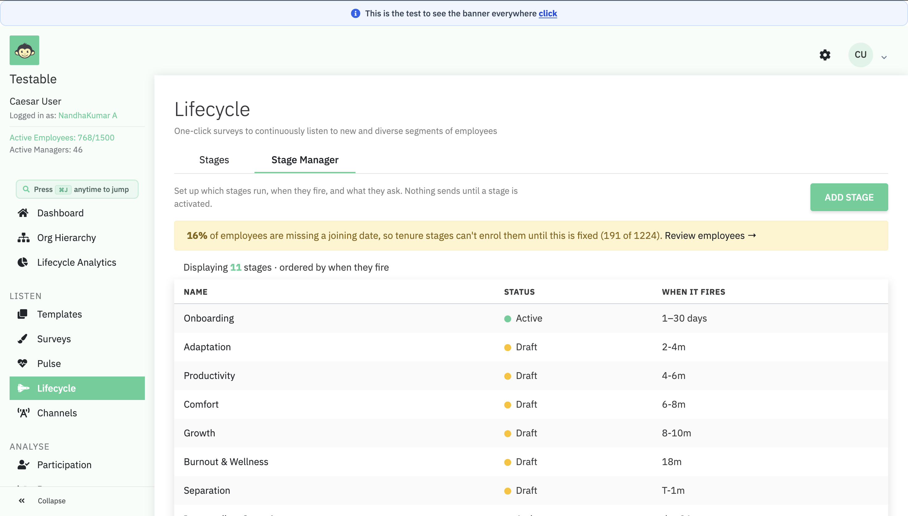 The Stage Manager tab under Lifecycle, listing stages such as Onboarding, Adaptation and Growth with their status (Active or Draft) and when each fires, and an Add Stage button