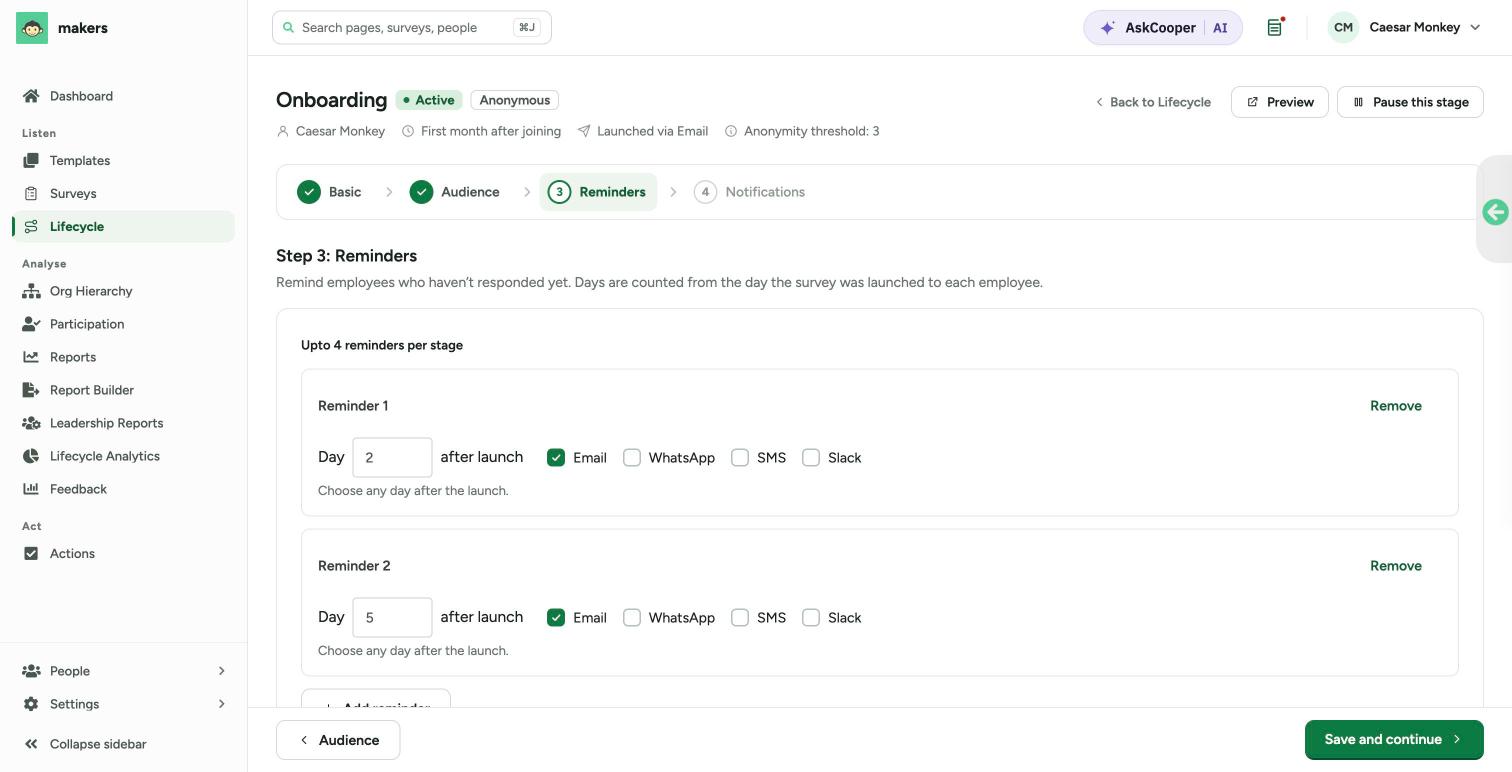 Step 3, Reminders, for the Onboarding stage, with Reminder 1 on day 2 and Reminder 2 on day 5 after launch, each sent by Email, with WhatsApp, SMS and Slack as the other options