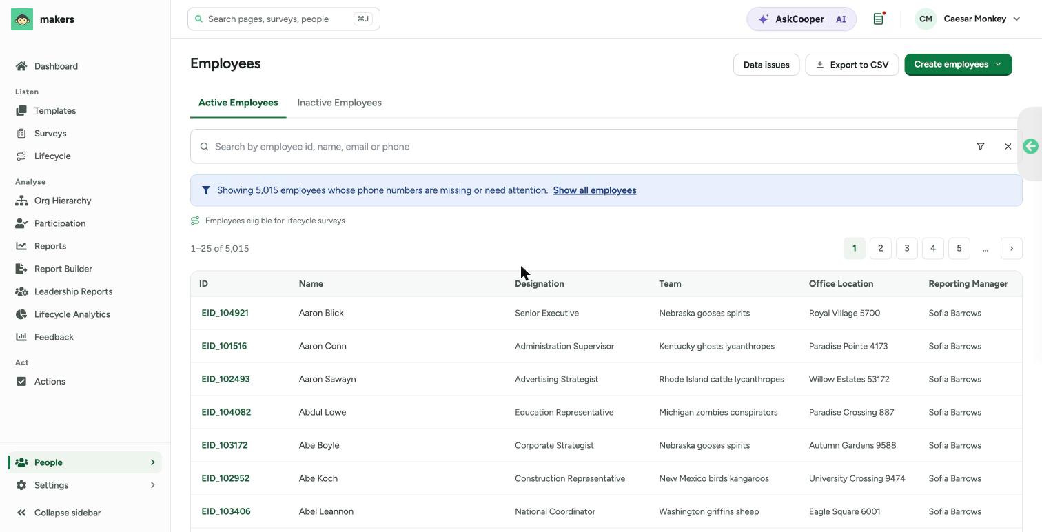 The Employees page with a notice reading 'Showing 5,015 employees whose phone numbers are missing or need attention' and a Show all employees link above the employee table