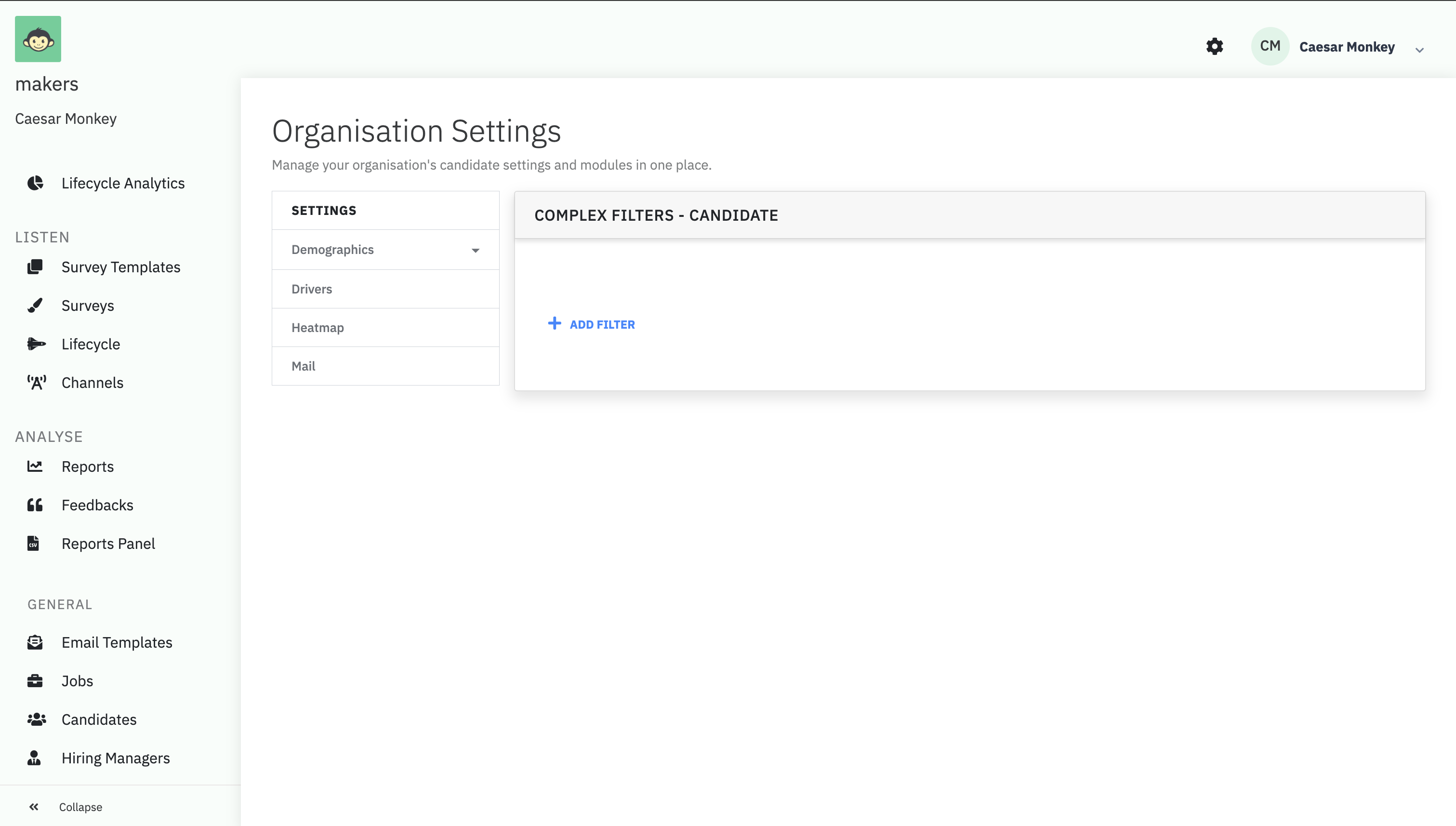 The Complex Filters - Candidate settings page, with an Add Filter option