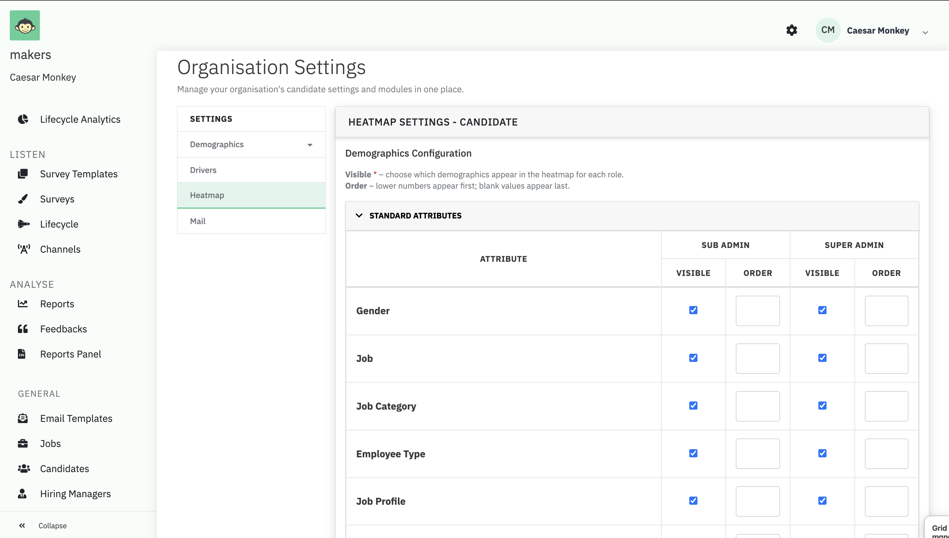 The Heatmap Settings - Candidate page, showing a demographics table with Visible and Order columns for Sub Admin and Super Admin