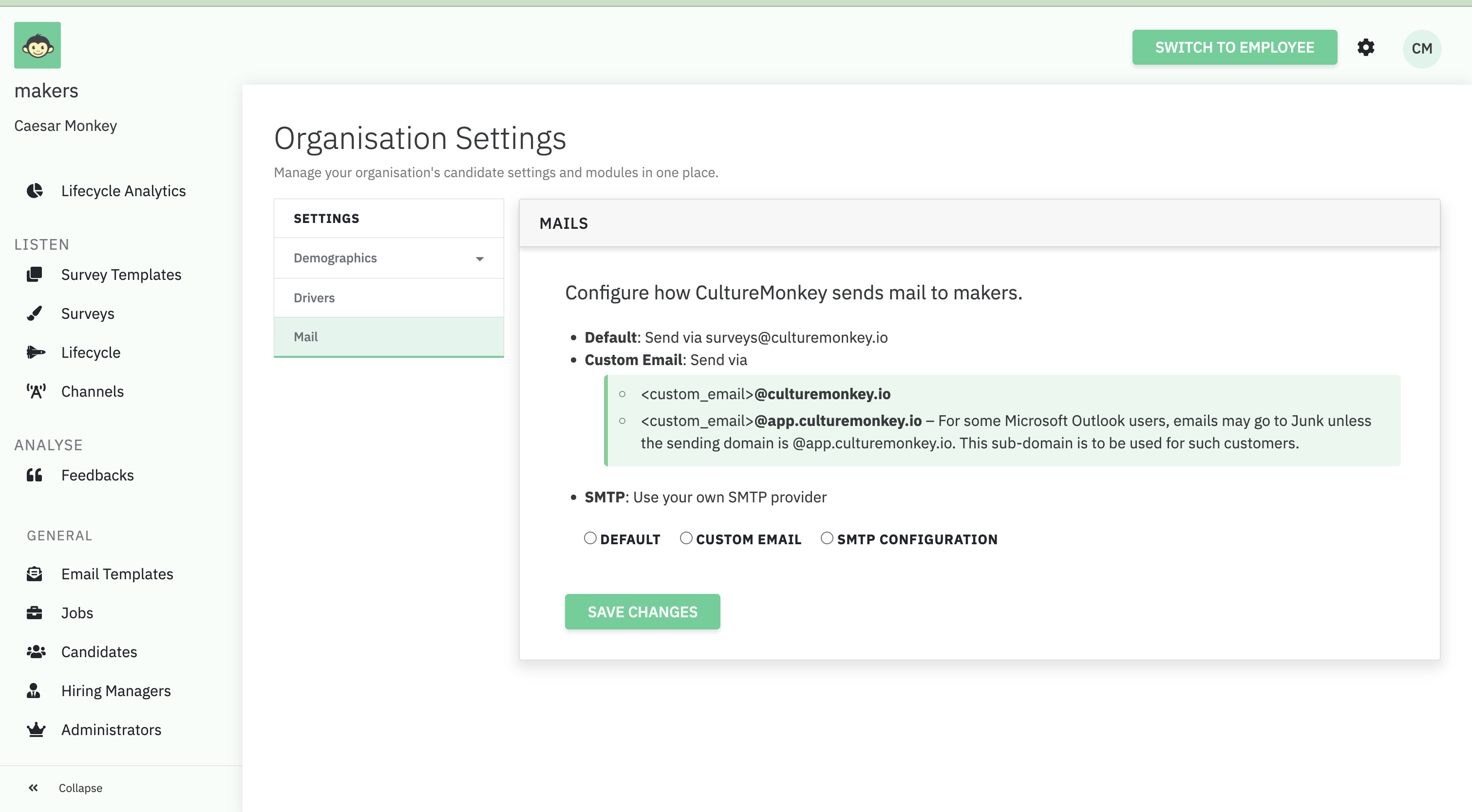 The Candidate Organisation Settings Mail page, showing Default, Custom Email and SMTP Configuration delivery mode options
