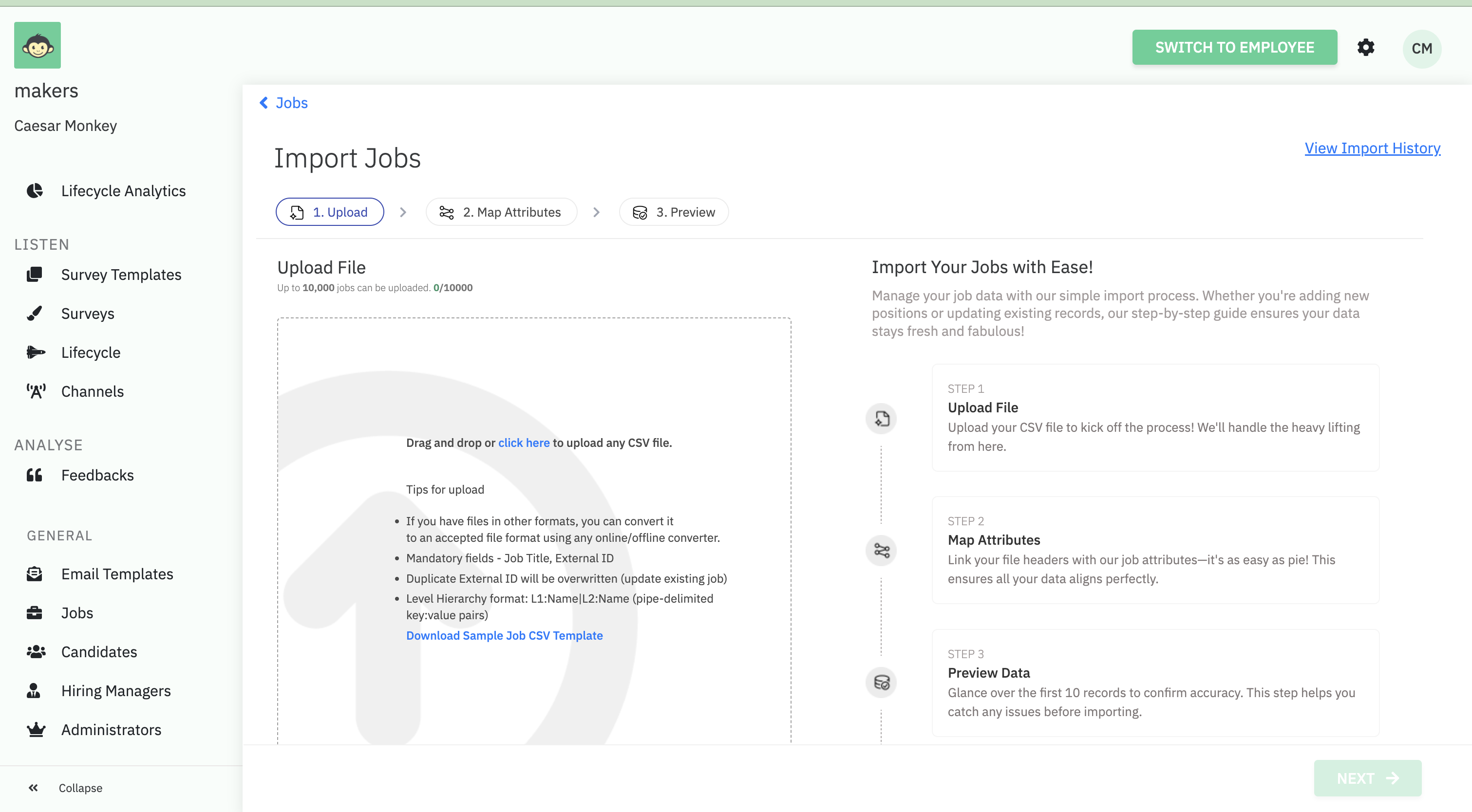 The Import Jobs wizard, showing the Upload File step with drag-and-drop and a 3-step process