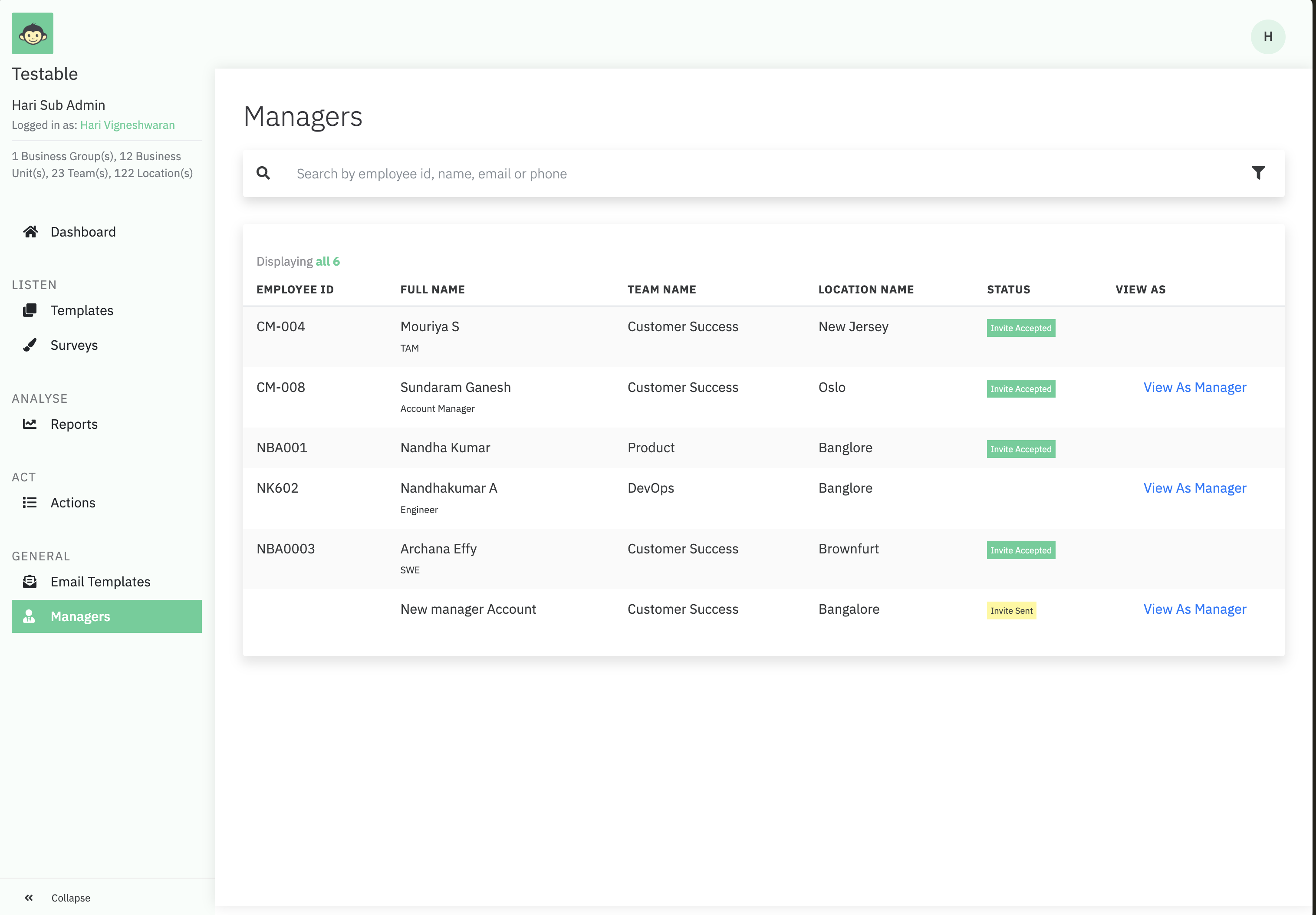 The Managers list, showing employee ID, name, team, location, status and a View As Manager link on eligible rows