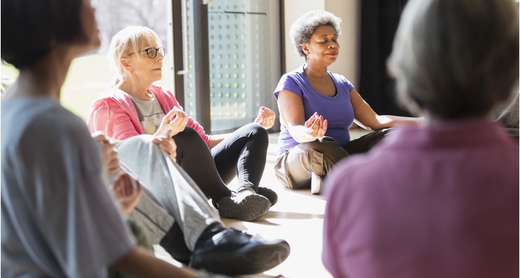 Serene active seniors meditating in circle