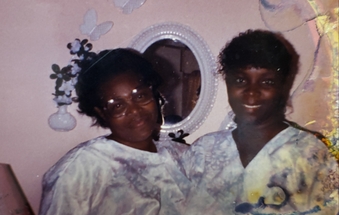 Joyce McNeill (right) with her mother Ornetha proudly wore matching dresses to church. Joyce McNeill with her mother Ornetha take a picture together after church wearing the same dress