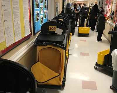 Nearly 70 Environmental Services workers fan out through Presbyterian Medical Center every morning to clean the hospital. Carts