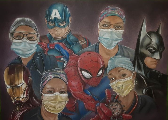 Behounek is in the top left of this painting, &quot;Unsung Heroes,&quot; painted by one of her fellow team members, Janine Rosenberg.