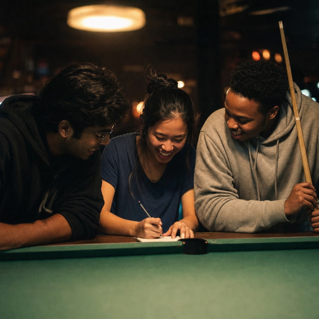 Three students laughing over a napkin sketch at the rail of a pool table.