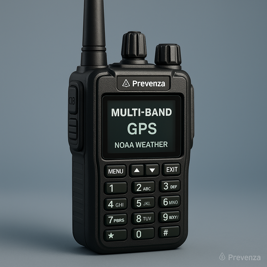 Multi-band walkie talkie device with GPS and NOAA weather alerts