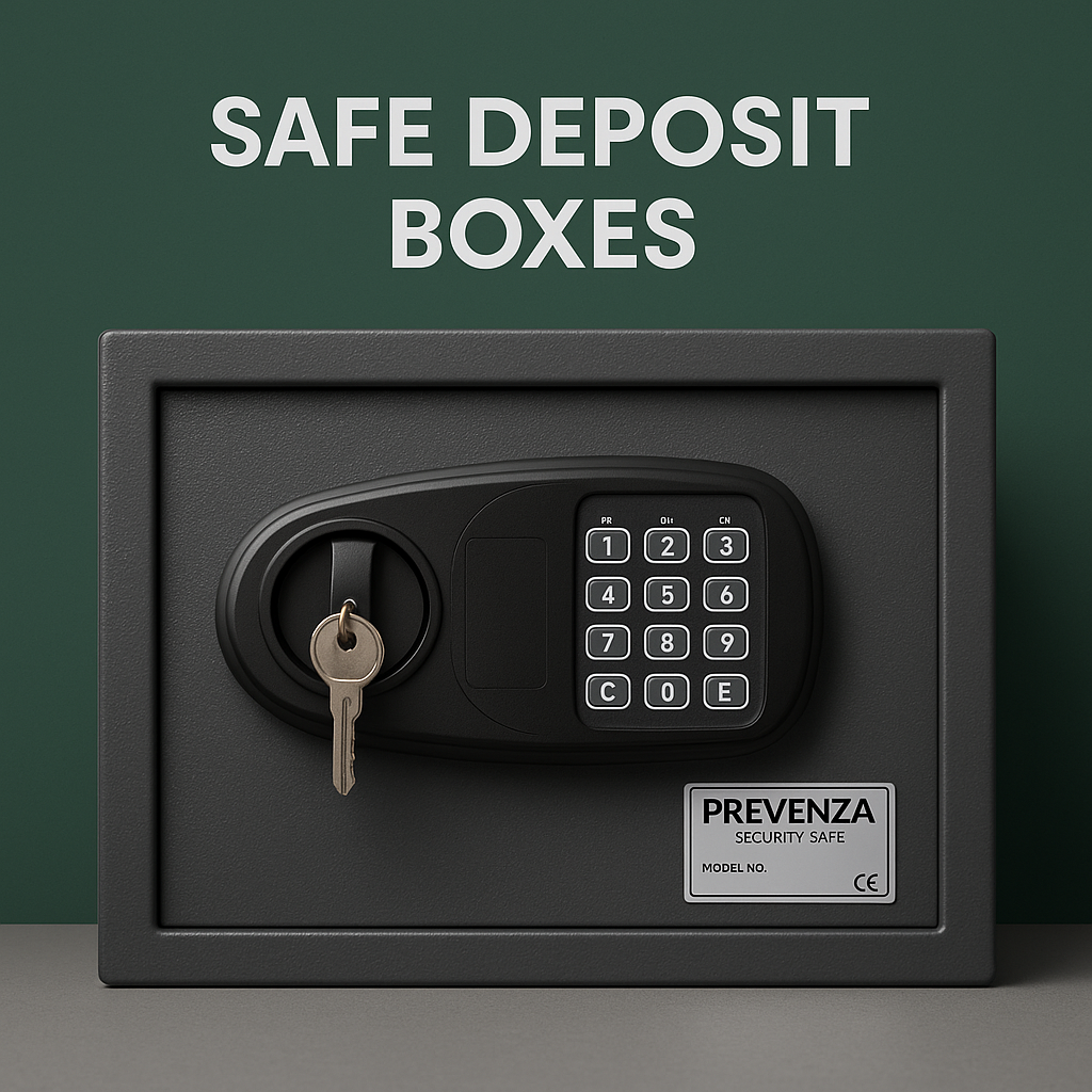Electronic safe deposit box with keypad and key override for secure storage