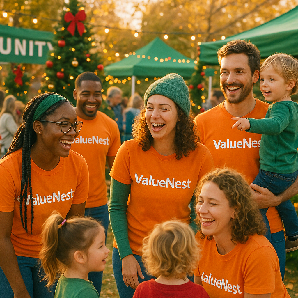 Warm candid photo of ValueNest employees participating in a community holiday event outdoors with families