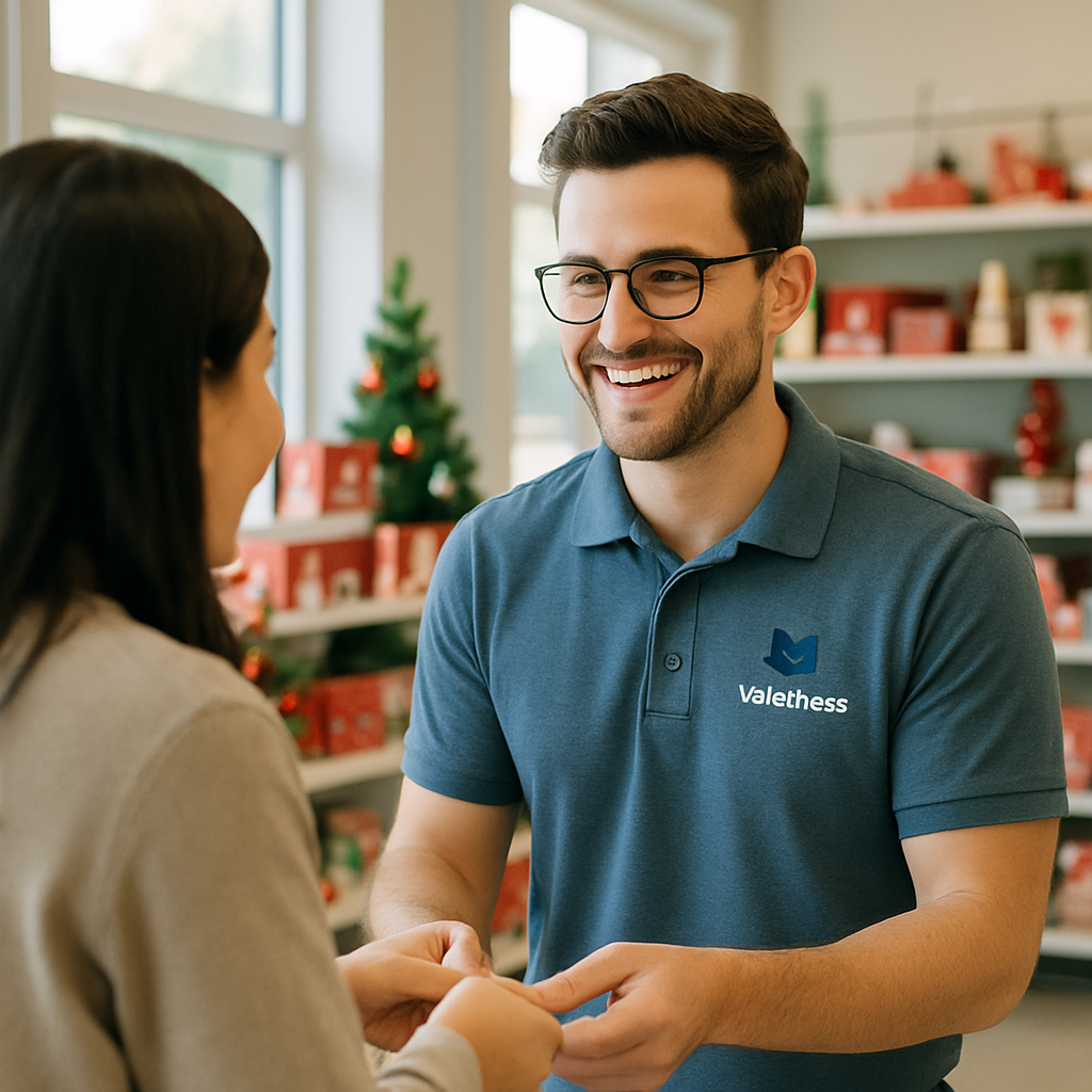 Friendly candid photo of ValueNest team member assisting a customer in a retail setting with approachable smile