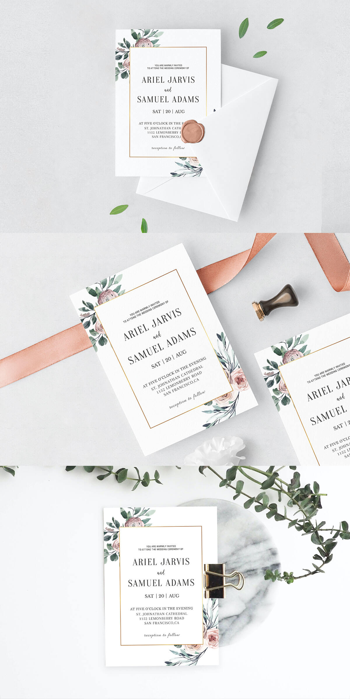 Free Dusty Rose Floral Wedding Invitation Template