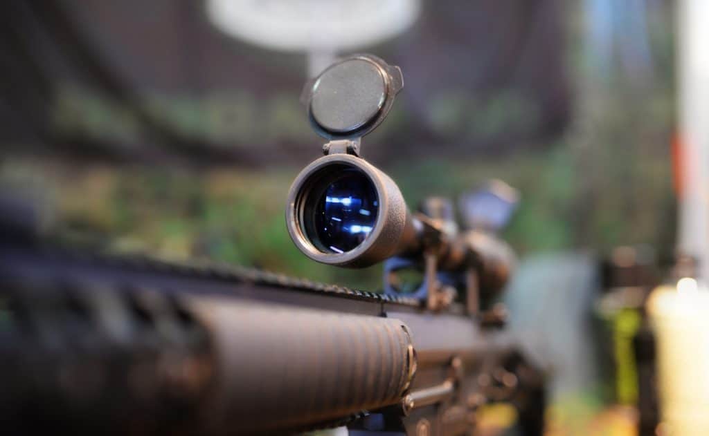 Closeup of a rifle scope in a shop