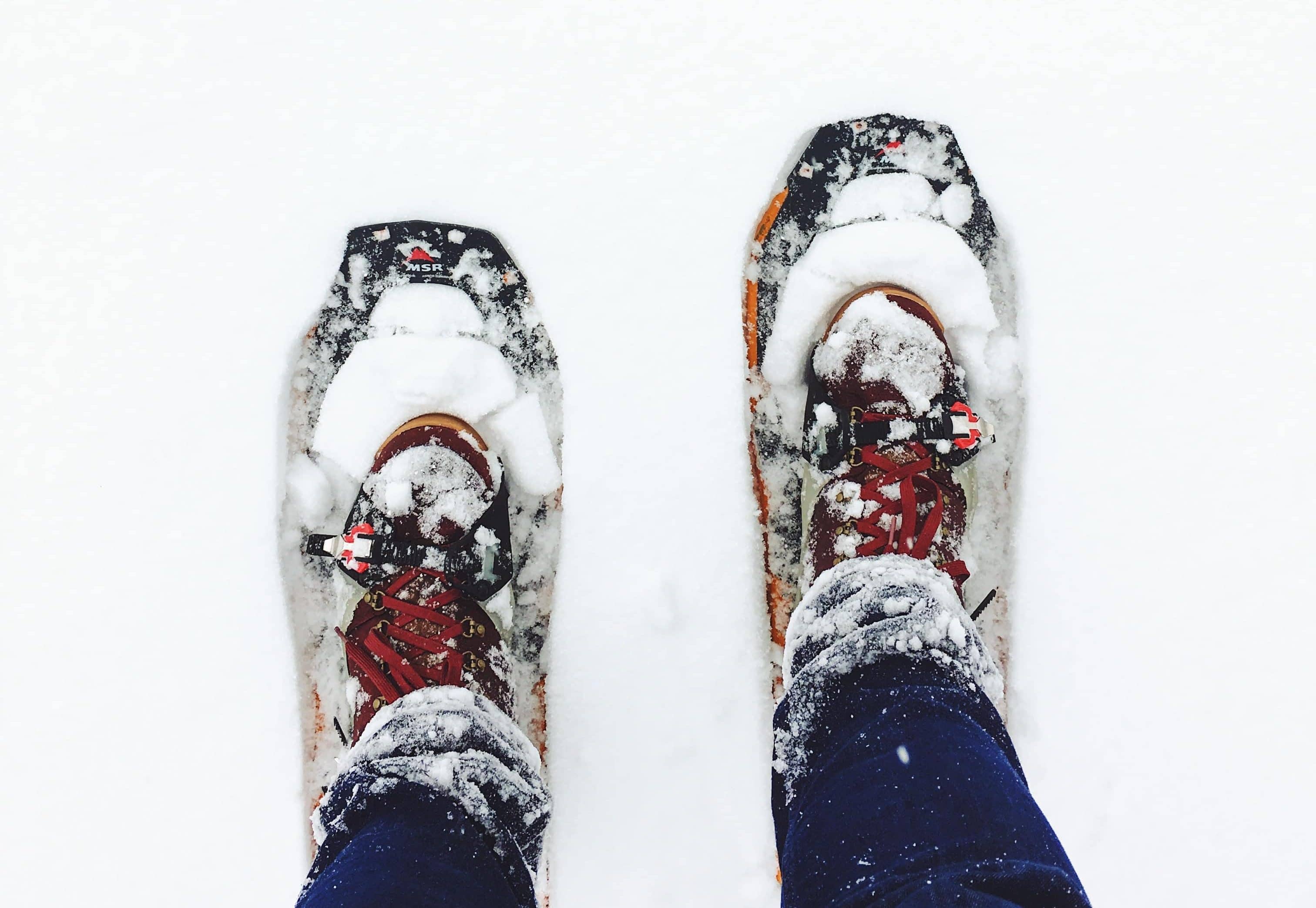 Boots with red laces on snowshoes in the snow
