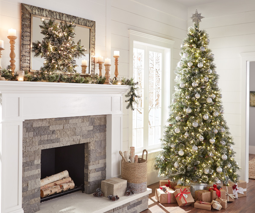 living room with holiday tree