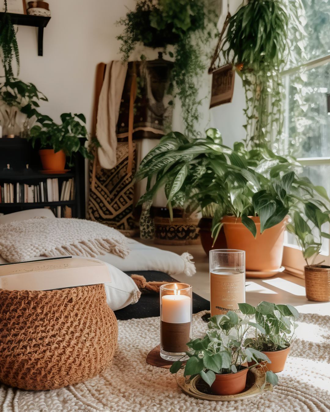 Cozy nook with candles, plants, and sunlight in home.