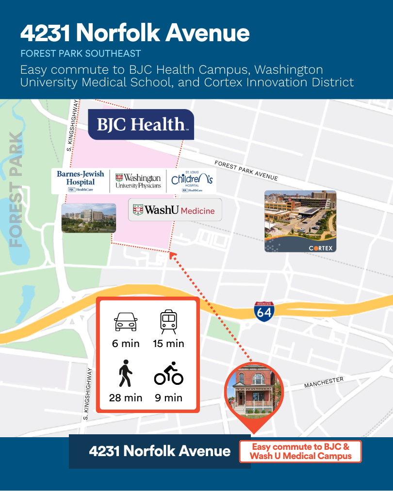 map of 4231 Norfolk commute to BJC and WashU Med School Campus