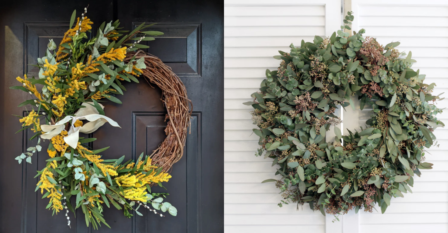 Neutral eucalyptus spring wreaths for front door decor.