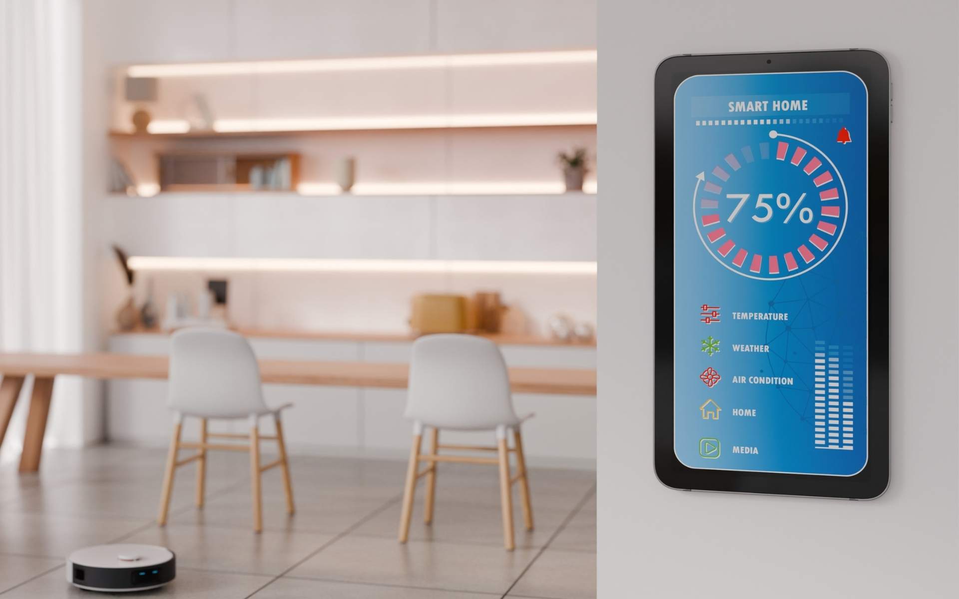 A wall-mounted smart home tablet showing 75% energy efficiency and climate control settings in a modern kitchen.